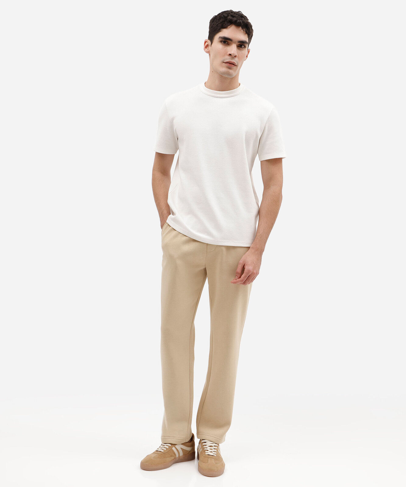 calça reta masculina de moletom cós elástico bege