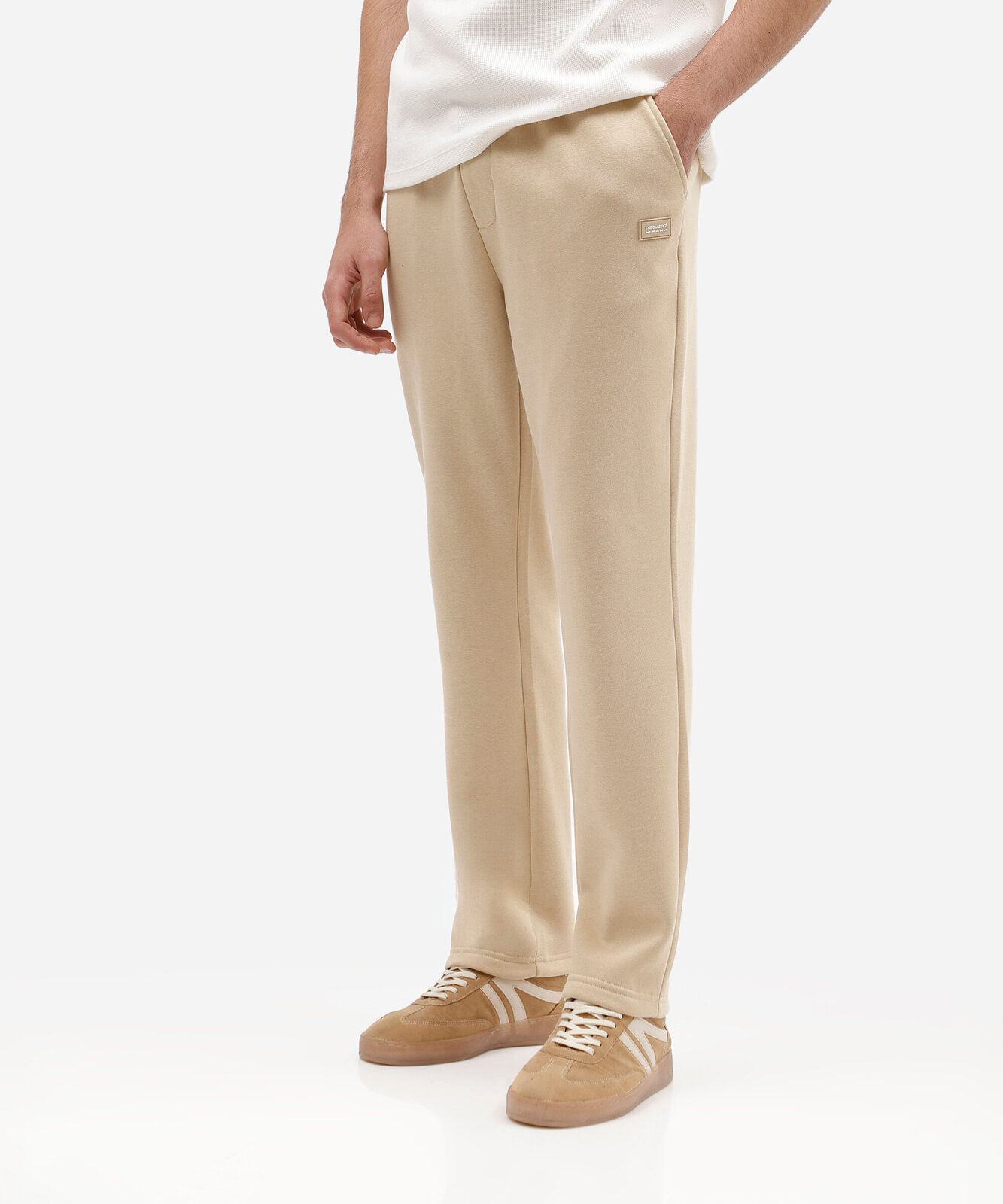 calça reta masculina de moletom cós elástico bege