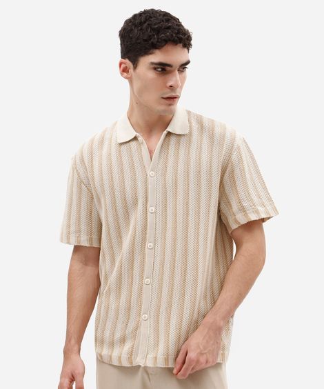 camisa masculina de tricot manga curta listrada bege
