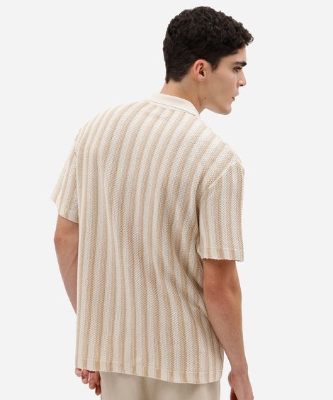 camisa masculina de tricot manga curta listrada bege