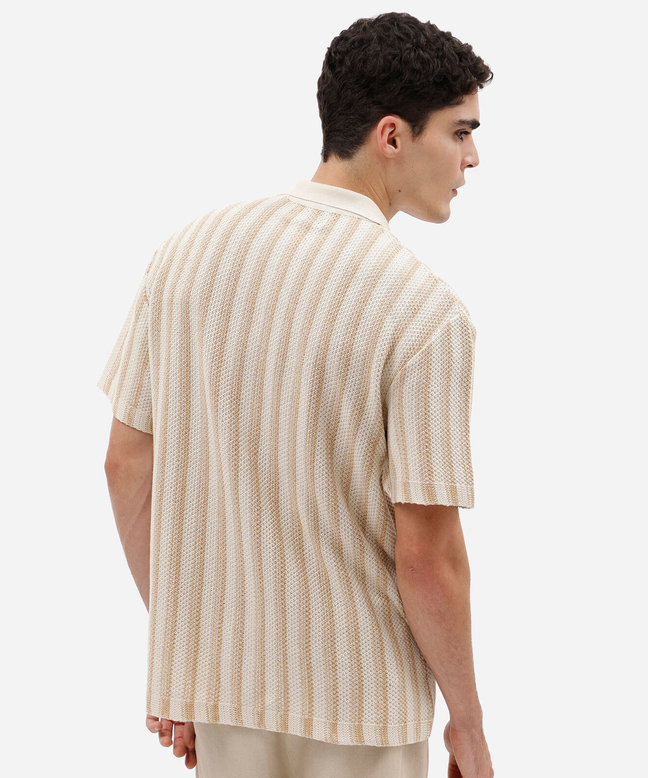 camisa masculina de tricot manga curta listrada bege