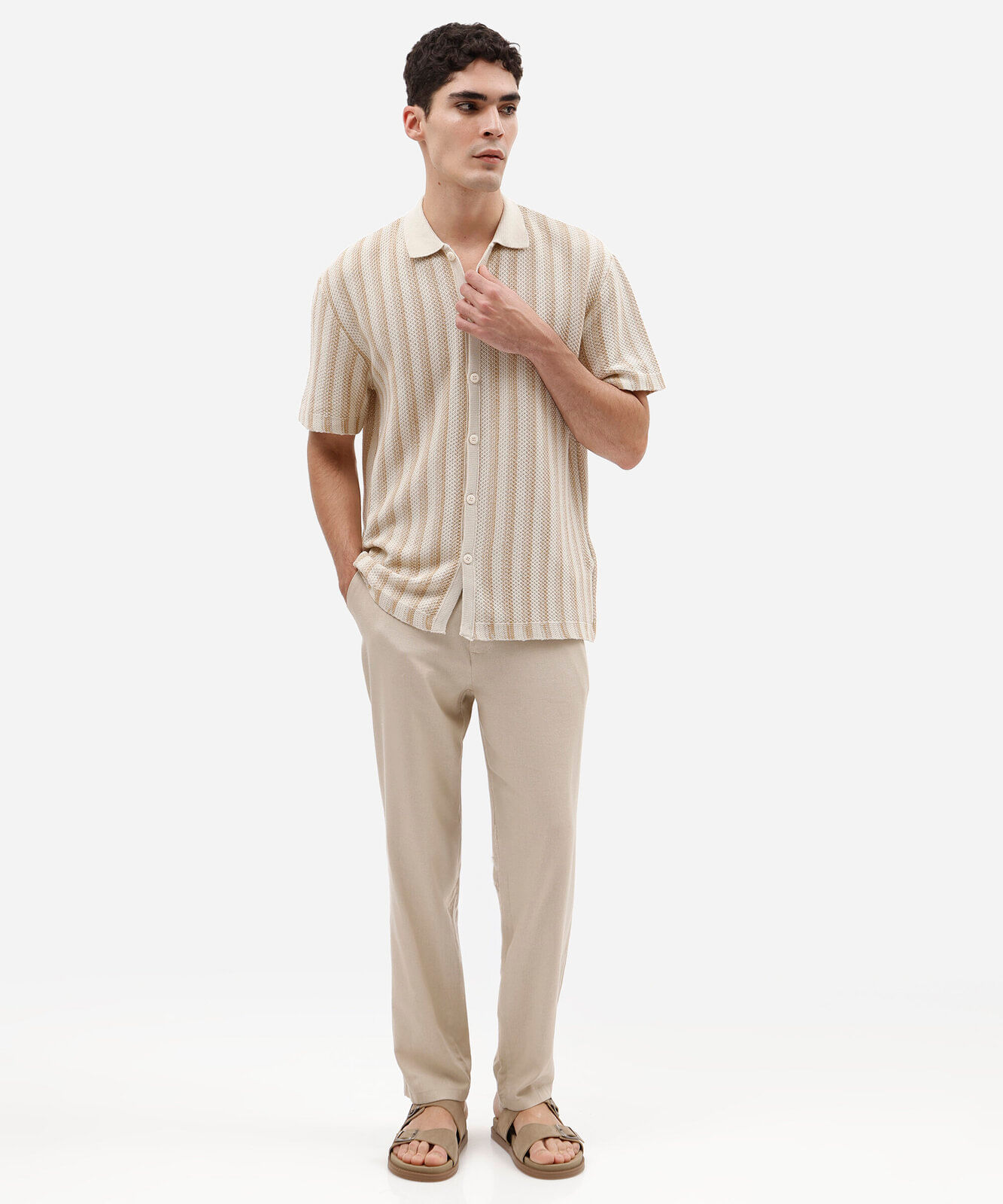 camisa masculina de tricot manga curta listrada bege