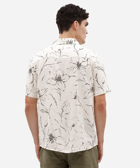 camisa masculina comfort de manga curta com estampa floral em linho e viscose off white