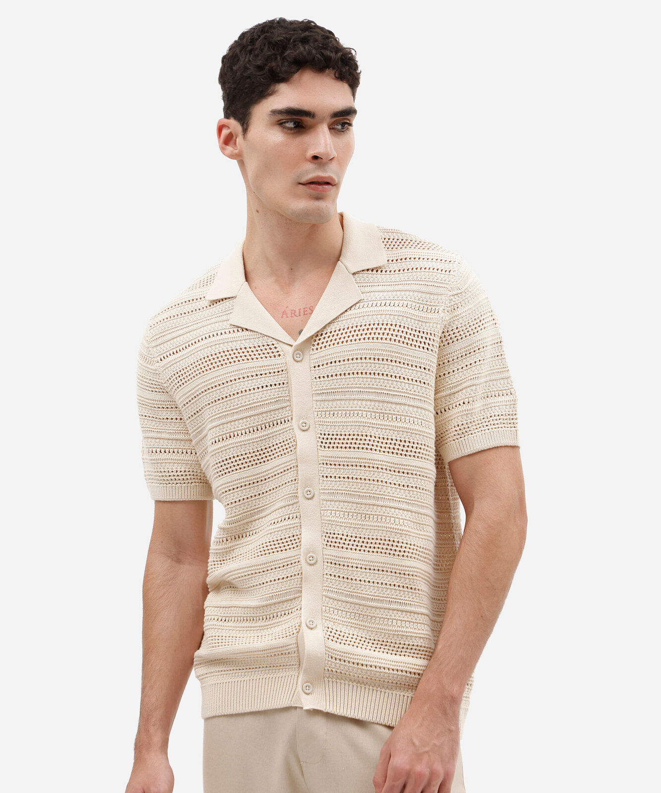 camisa masculina relaxed de tricô vazado off white