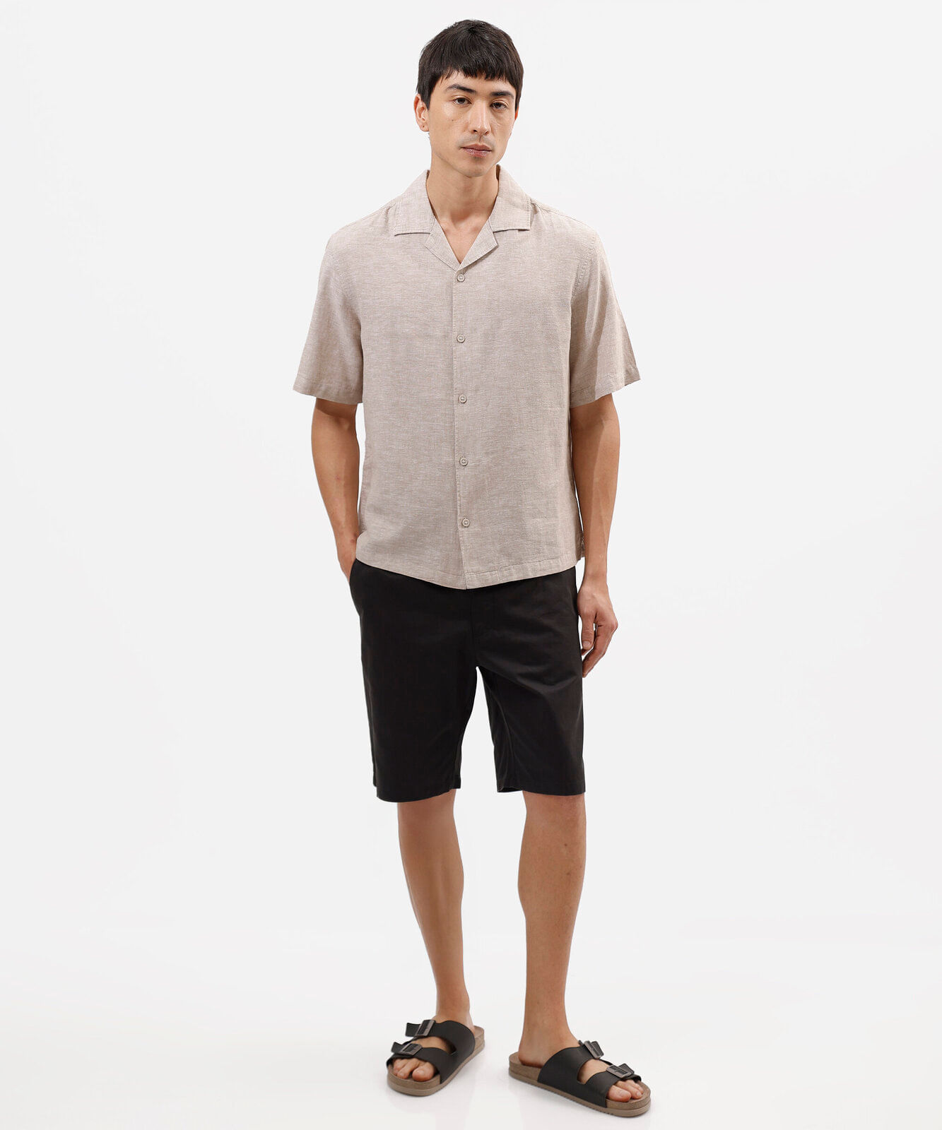 camisa masculina com linho manga curta bege