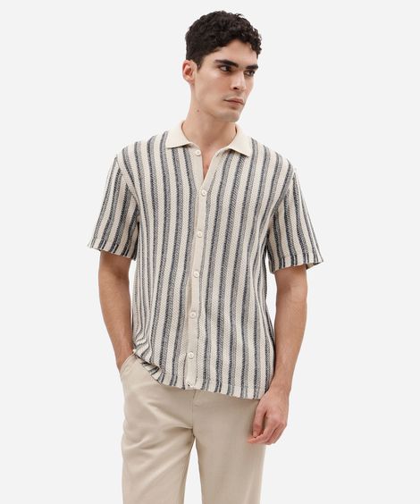 camisa masculina de tricot manga curta listrada azul