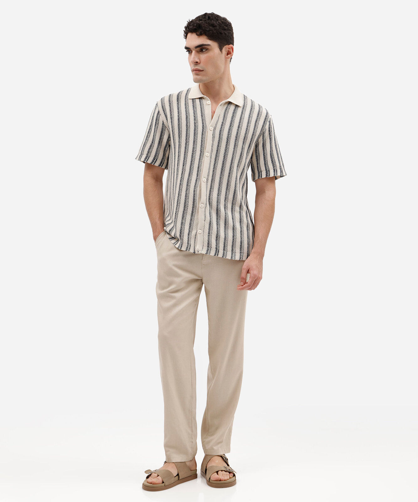 camisa masculina de tricot manga curta listrada azul