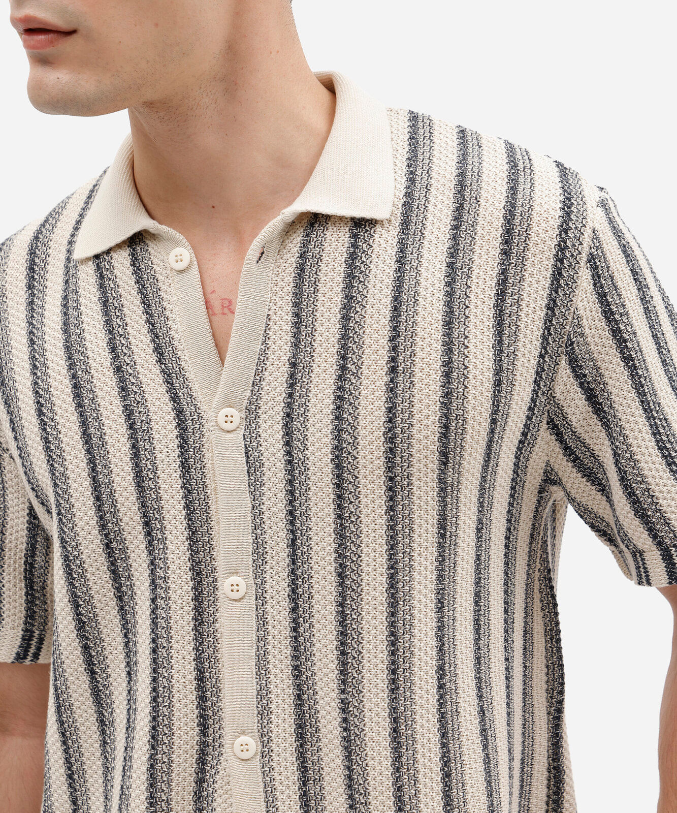 camisa masculina de tricot manga curta listrada azul