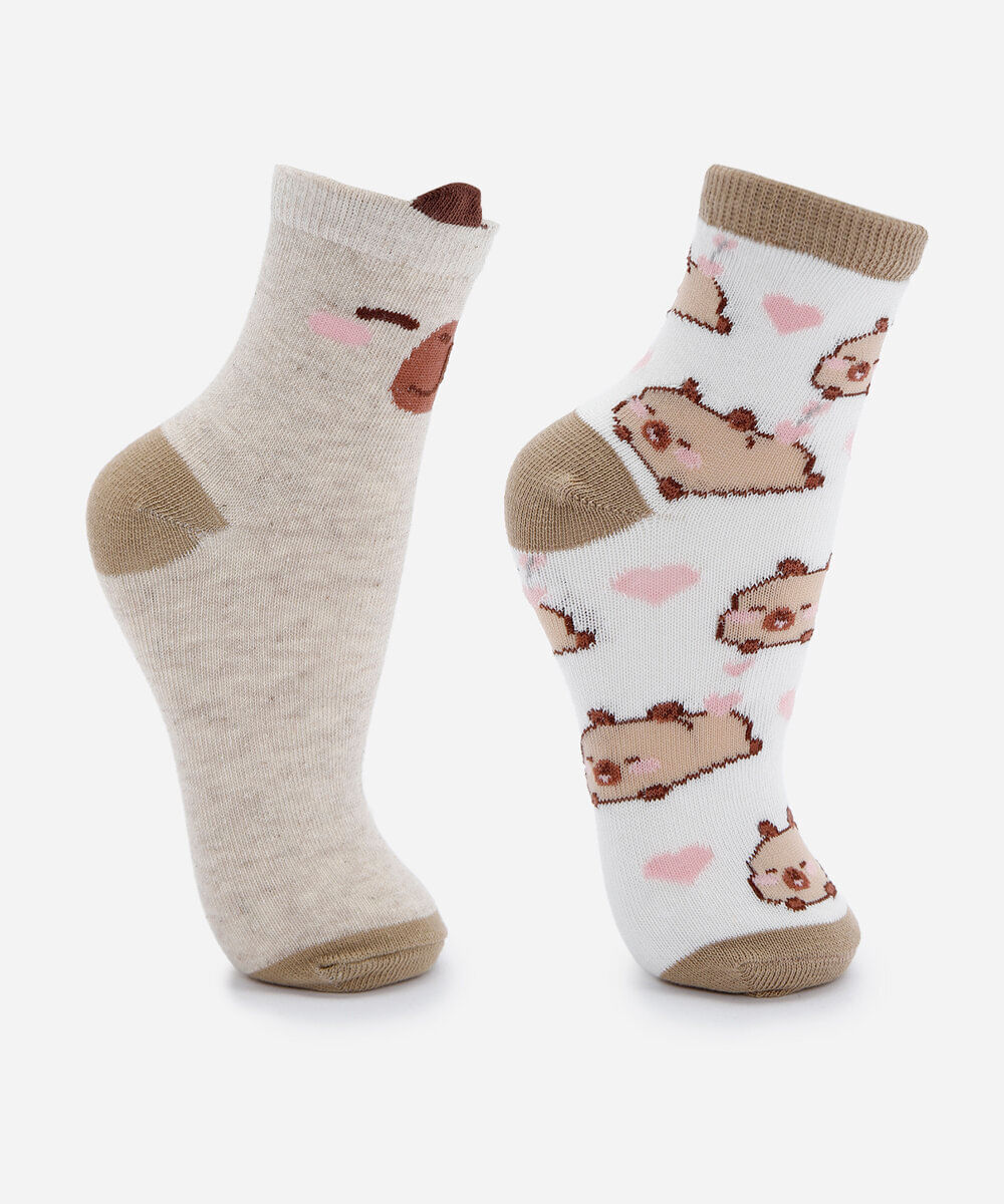 kit infantil com 2 pares de meias de algodão com estampa de capivara capyfun colorido