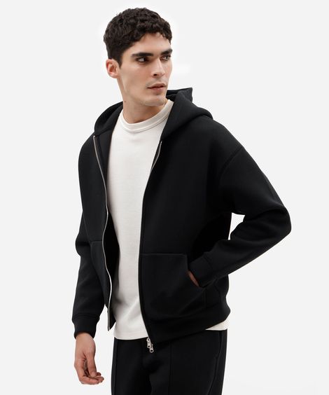 blusão masculino de moletom com zíper e capuz preto