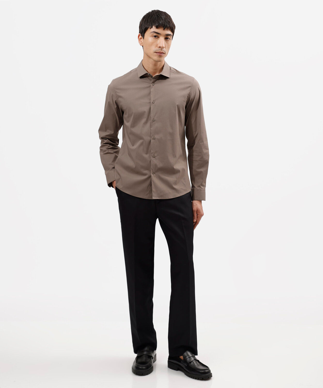 camisa slim masculina de algodão manga longa marrom