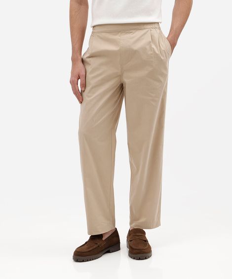 calça masculina reta cropped pregas frontais bege