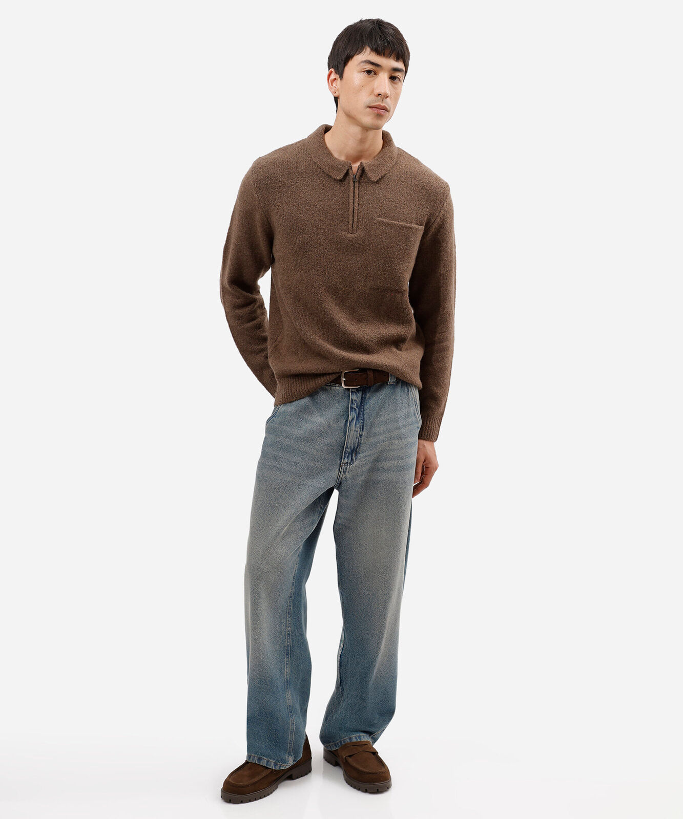 suéter masculino de tricot com bolso e zíper marrom