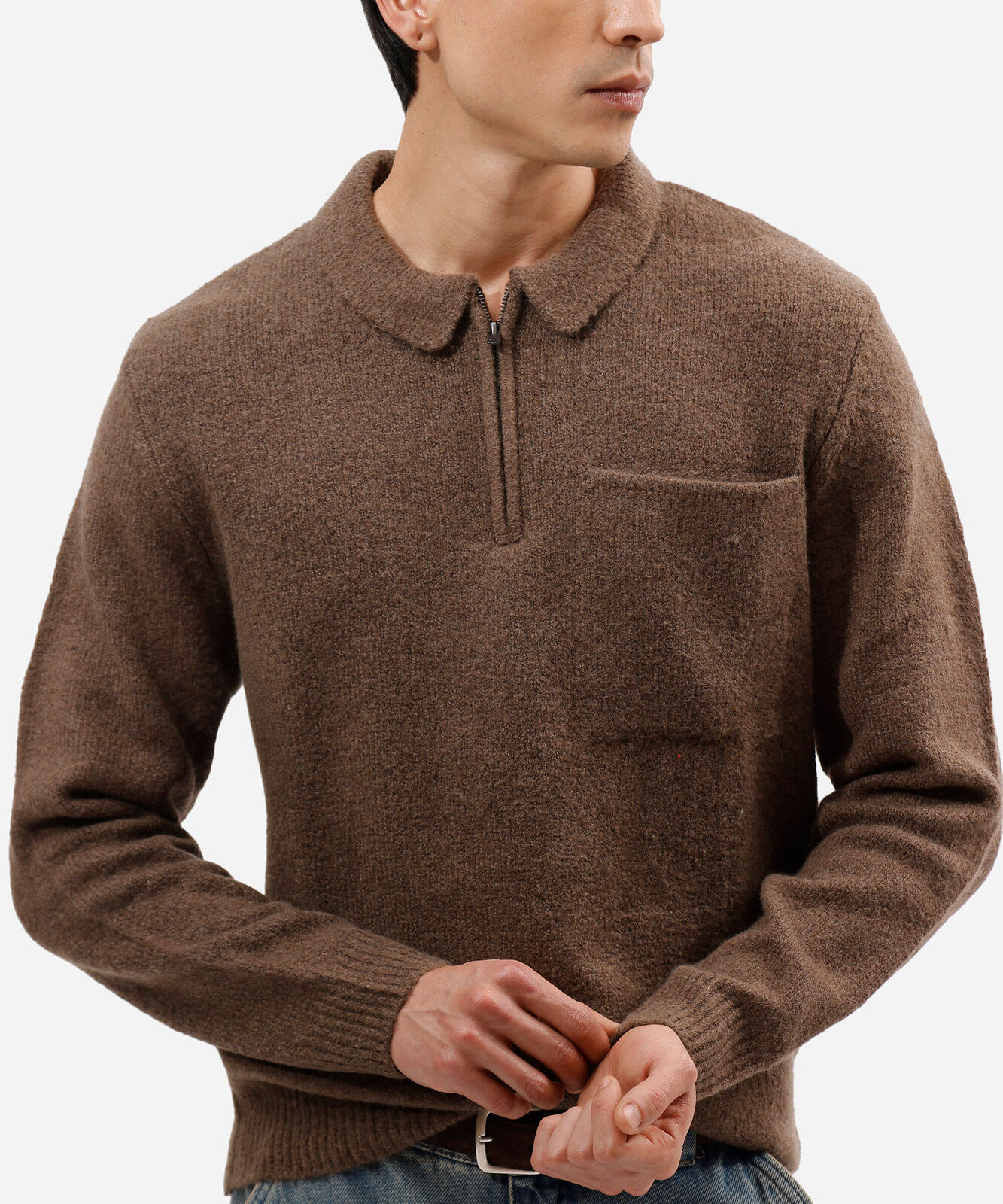 suéter masculino de tricot com bolso e zíper marrom