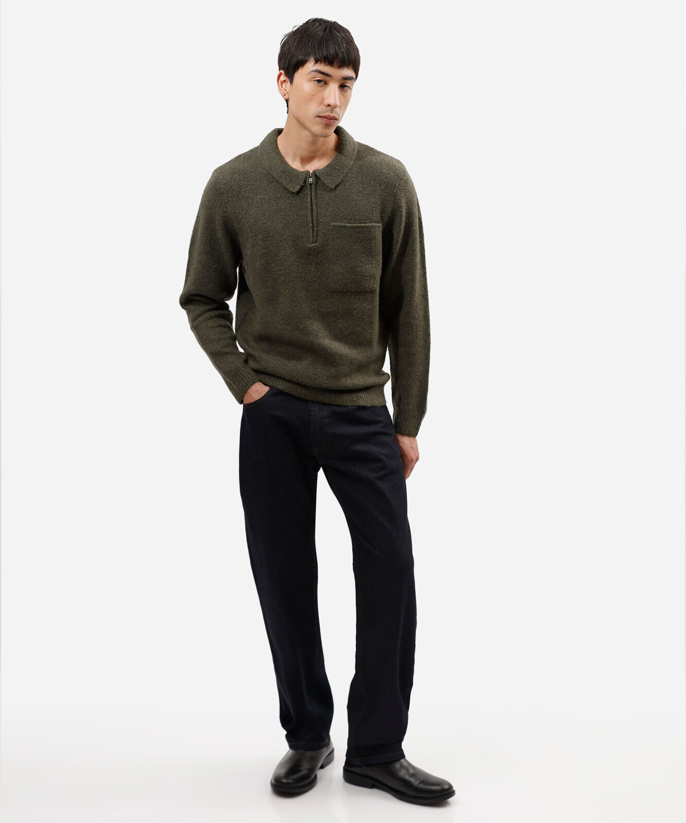 suéter masculino de tricot com bolso e zíper verde