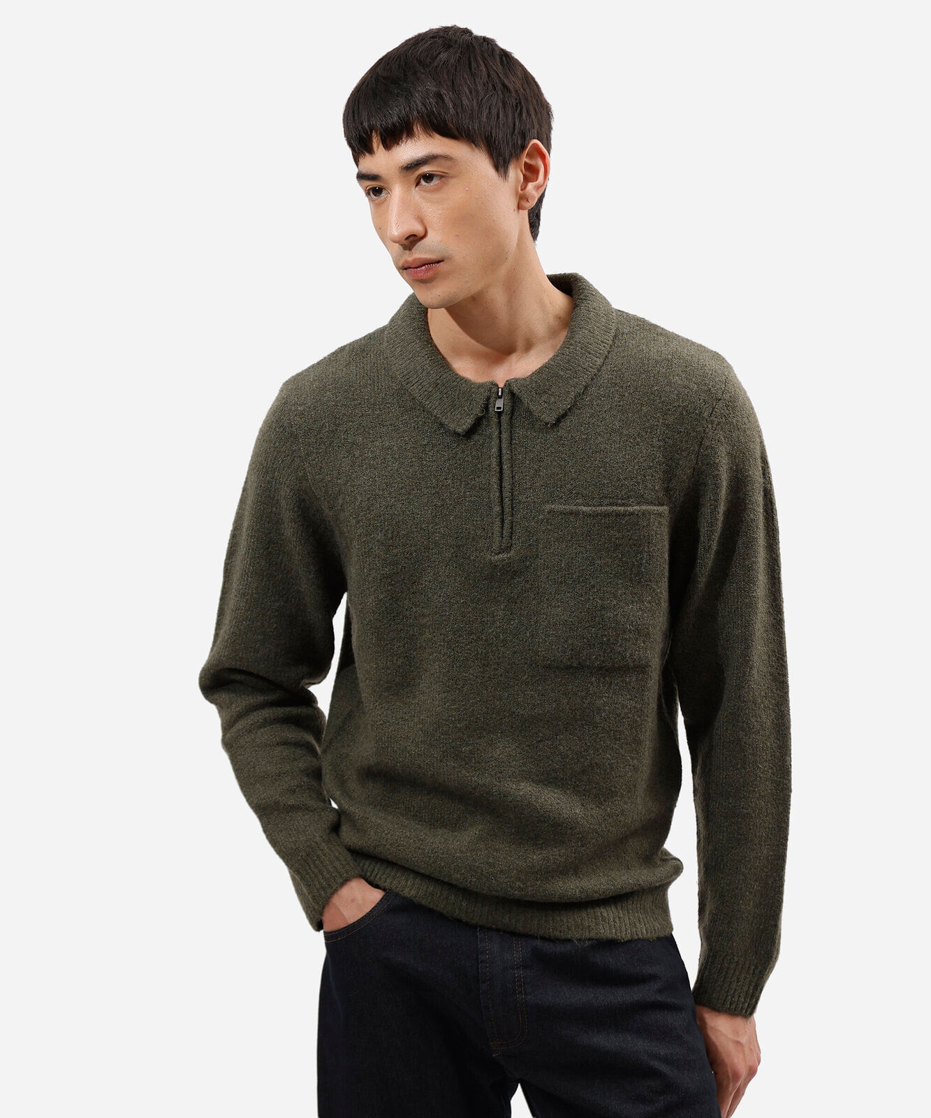 suéter masculino de tricot com bolso e zíper verde