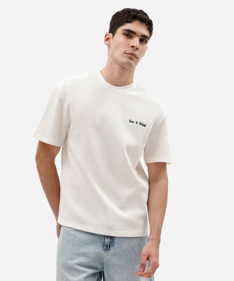 camiseta masculina relaxed em malha waffle com estampa nas costas off white