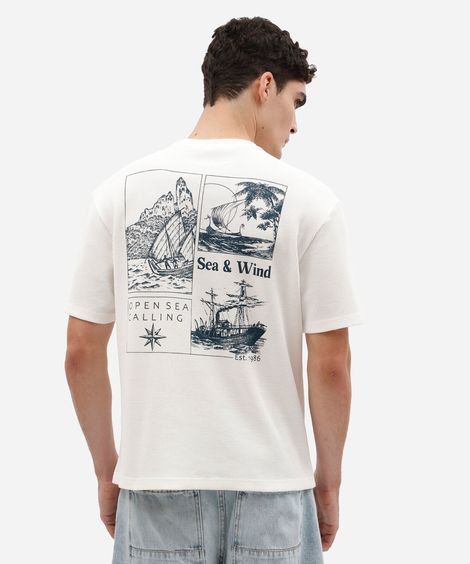camiseta masculina relaxed em malha waffle com estampa nas costas off white