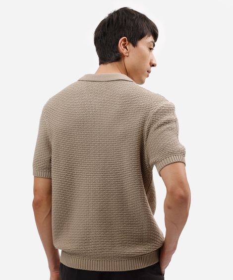 camisa masculina de tricot manga curta texturizada bege