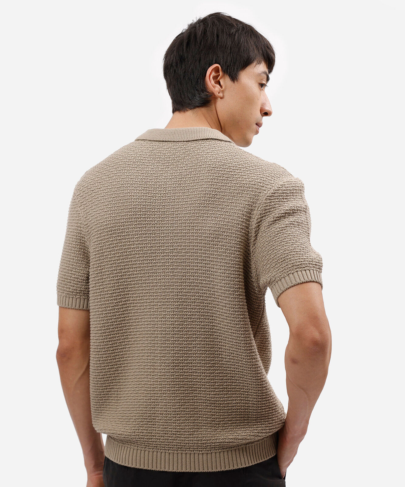 camisa masculina de tricot manga curta texturizada bege