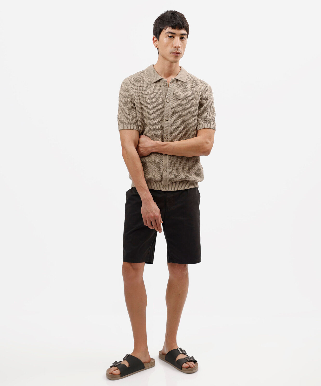camisa masculina de tricot manga curta texturizada bege