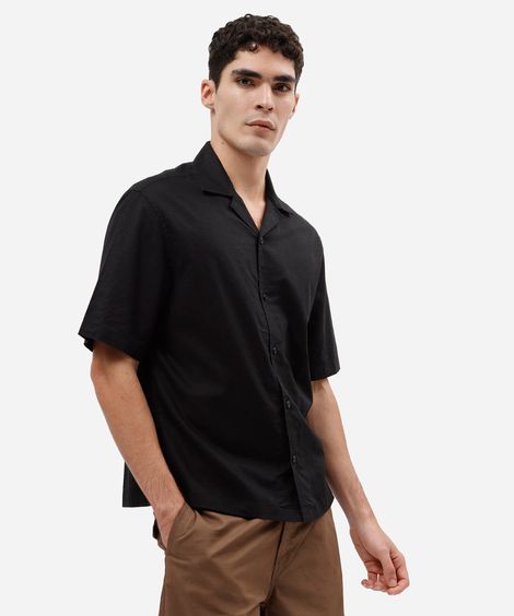 camisa masculina com linho manga curta preta