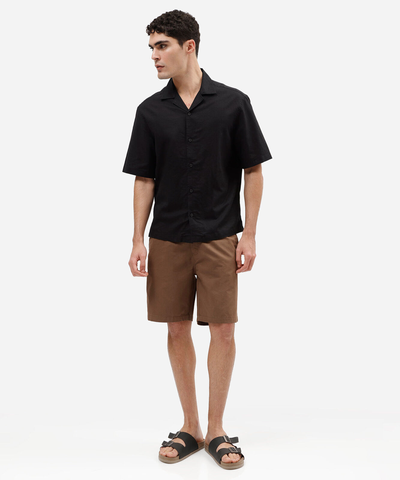 camisa masculina com linho manga curta preta