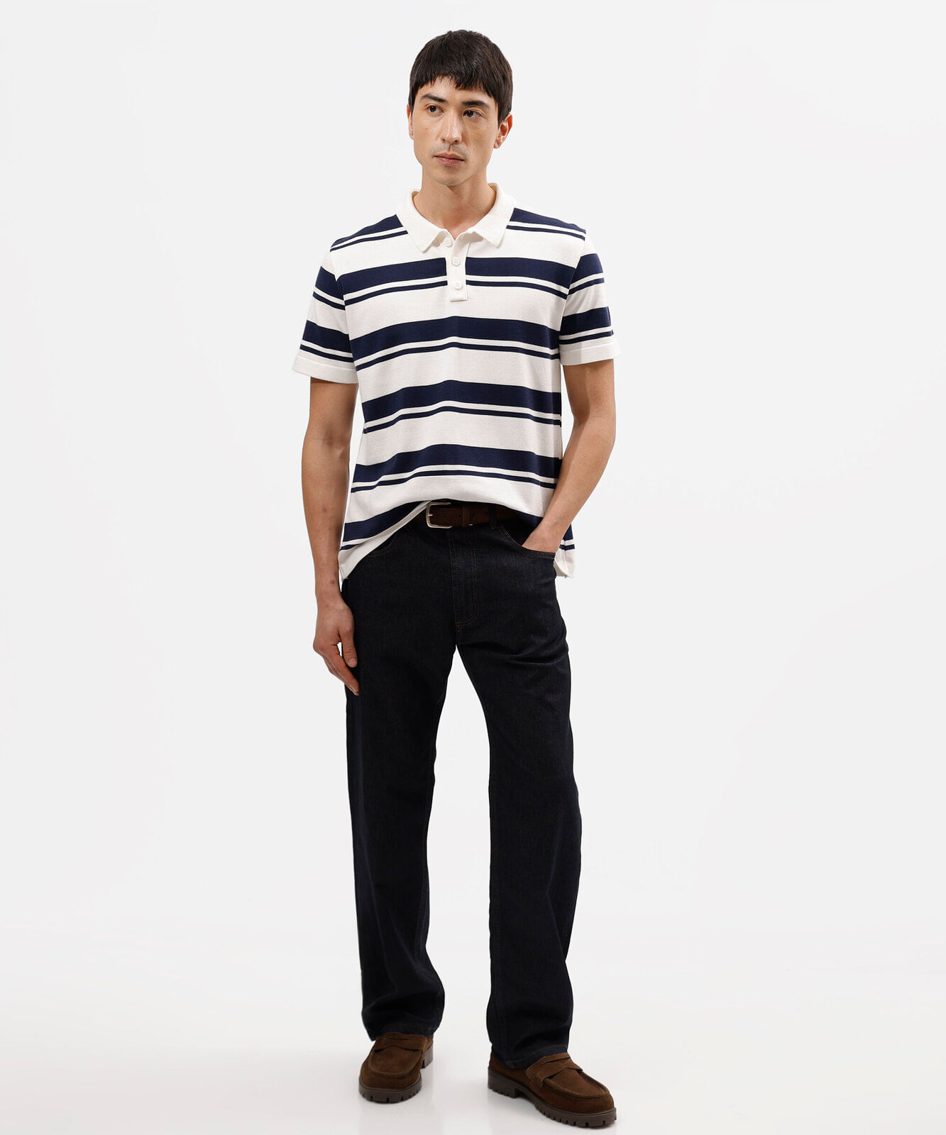 camisa polo masculina comfort listrada em malha off white