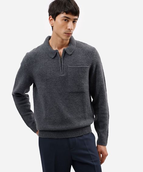 suéter masculino de tricot com bolso e zíper azul