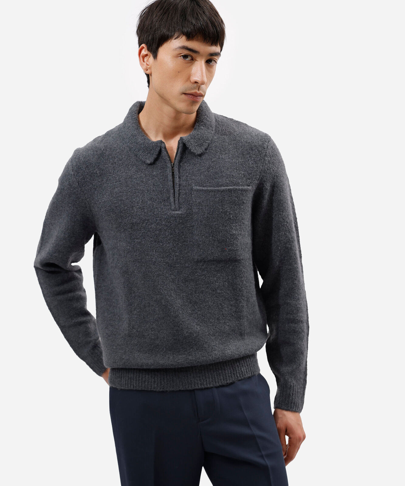 suéter masculino de tricot com bolso e zíper azul