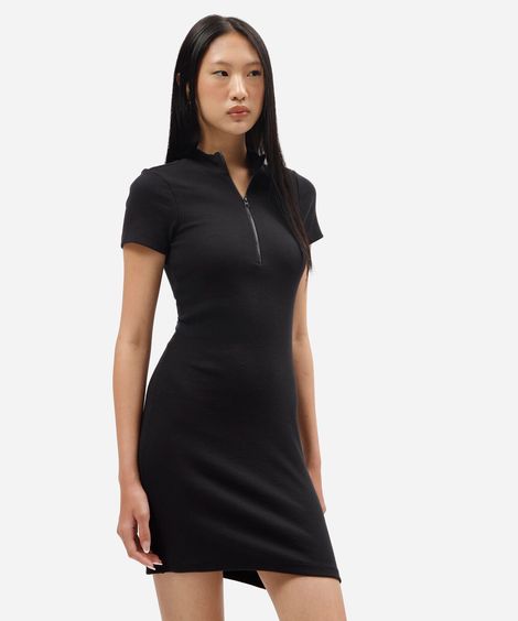 vestido feminino de algodão gola alta manga curta preto