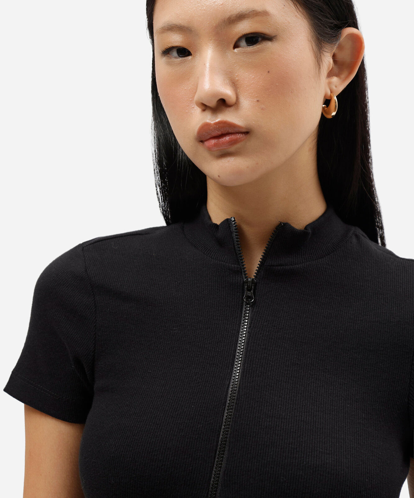 vestido feminino de algodão gola alta manga curta preto