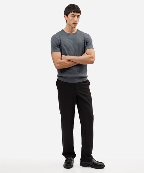 calça reta de alfaiataria masculina cós elástico preta