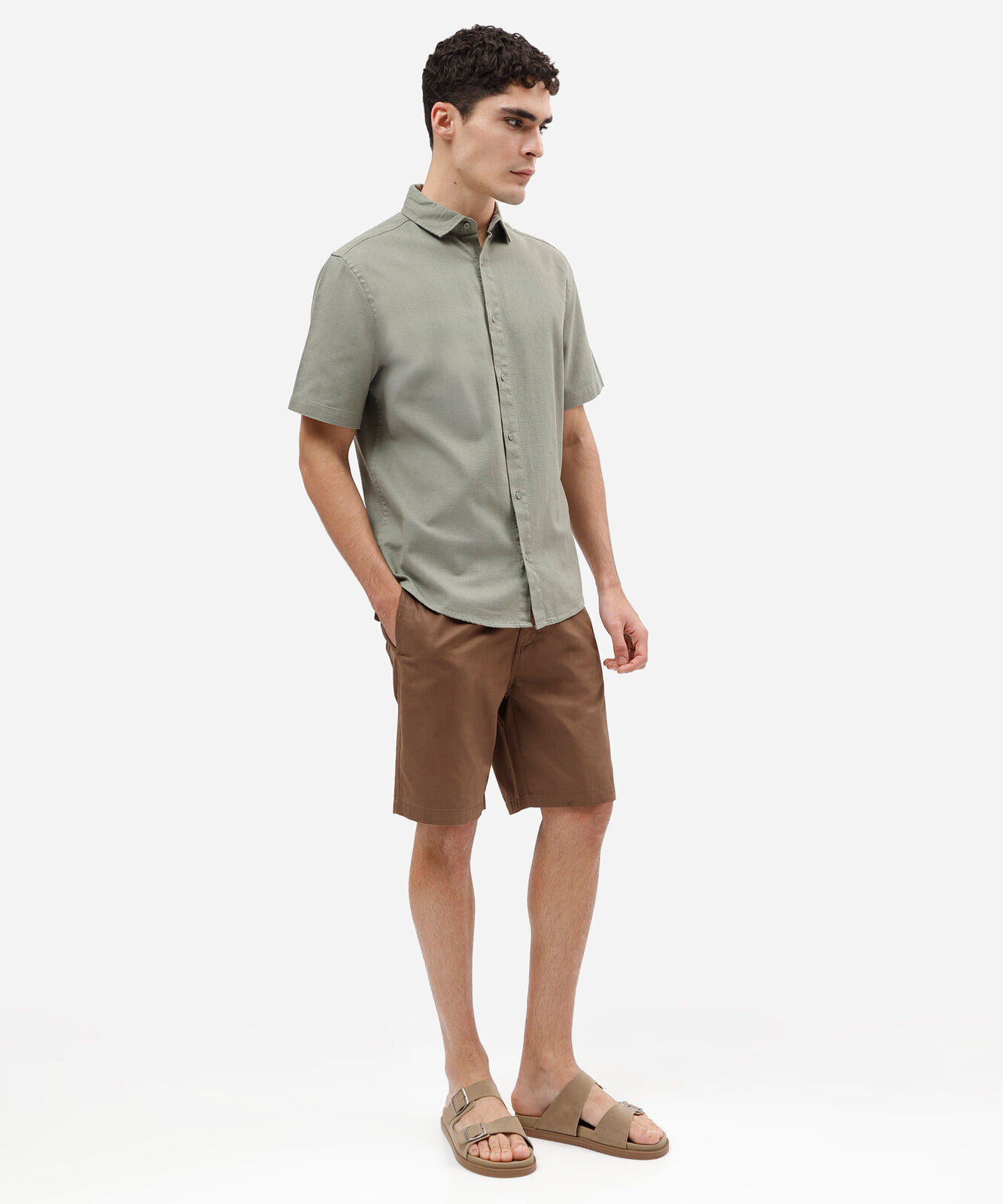 camisa comfort masculina de manga curta texturizada em algodão verde