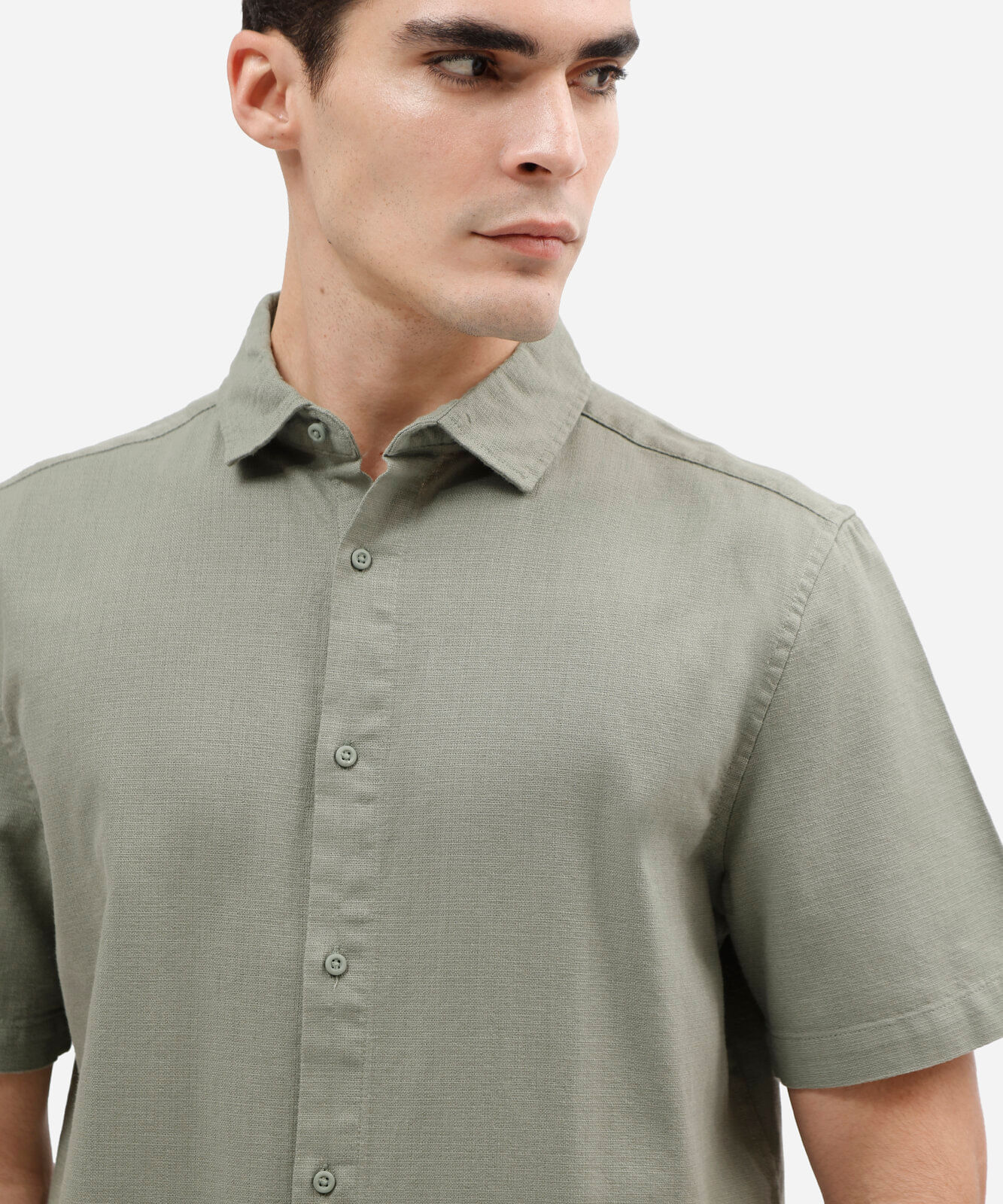 camisa comfort masculina de manga curta texturizada em algodão verde
