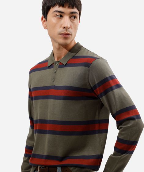 polo masculina de tricot manga longa listrada verde