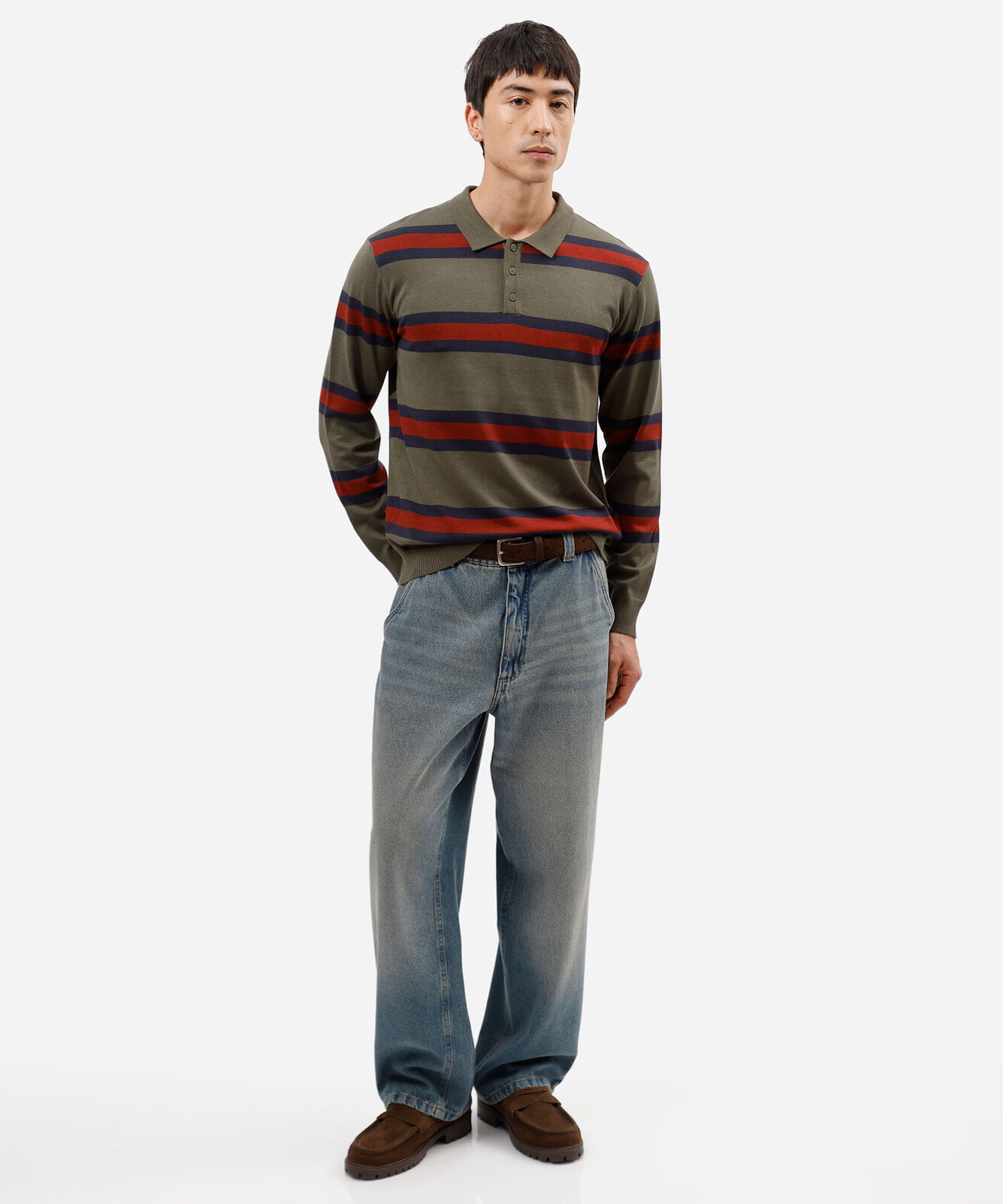 polo masculina de tricot manga longa listrada verde