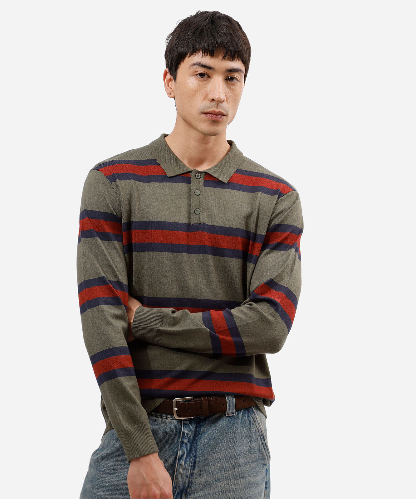 polo masculina de tricot manga longa listrada verde