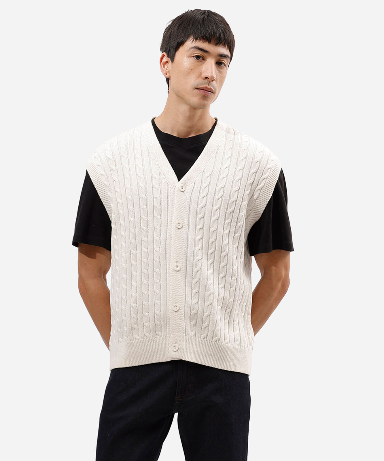 colete masculino de tricot gola v texturizado off white