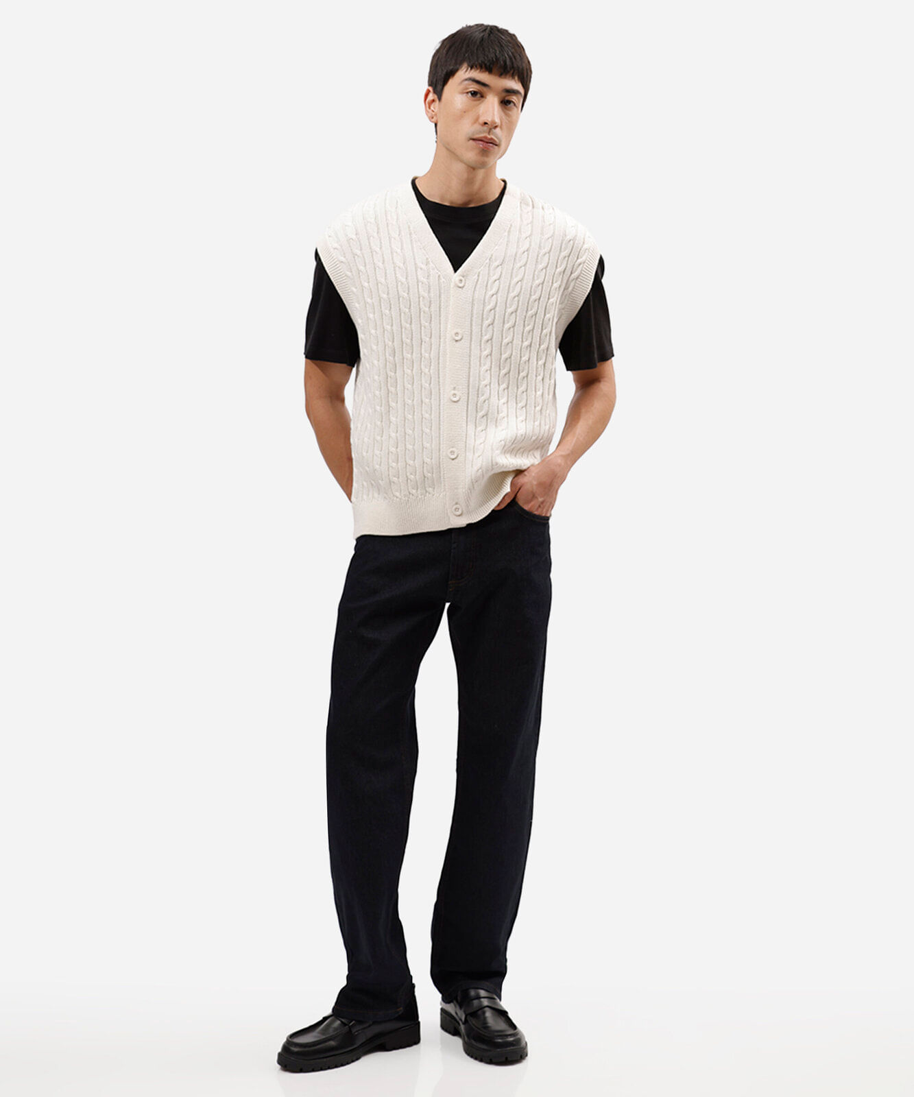 colete masculino de tricot gola v texturizado off white