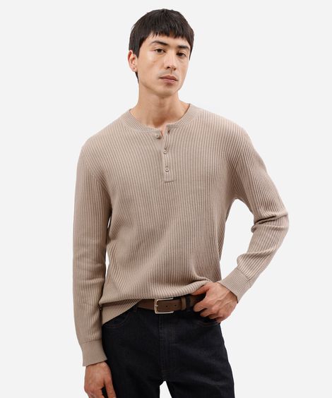 camiseta masculina de tricot gola henley manga longa canelada bege