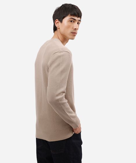 camiseta masculina de tricot gola henley manga longa canelada bege