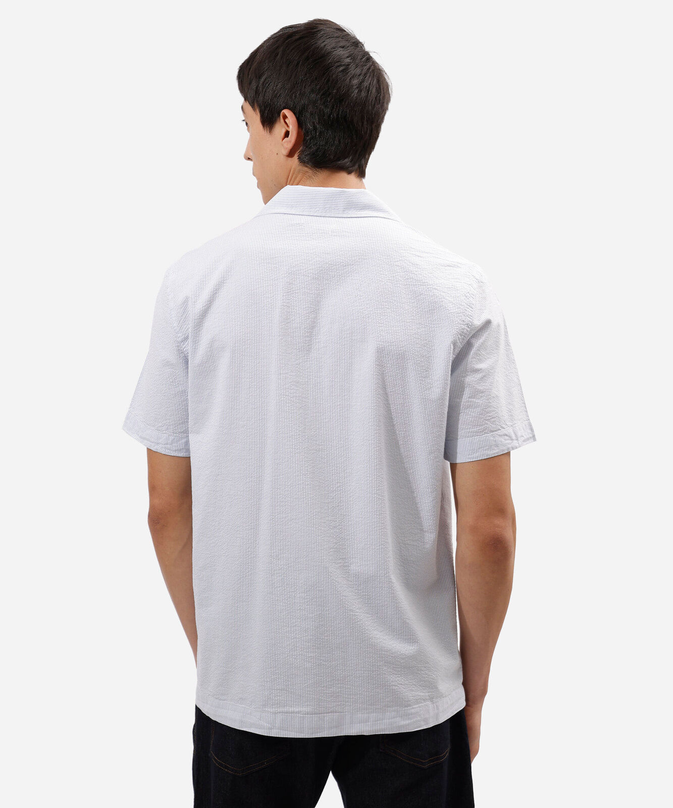 camisa comfort masculina de algodão manga curta listrada azul