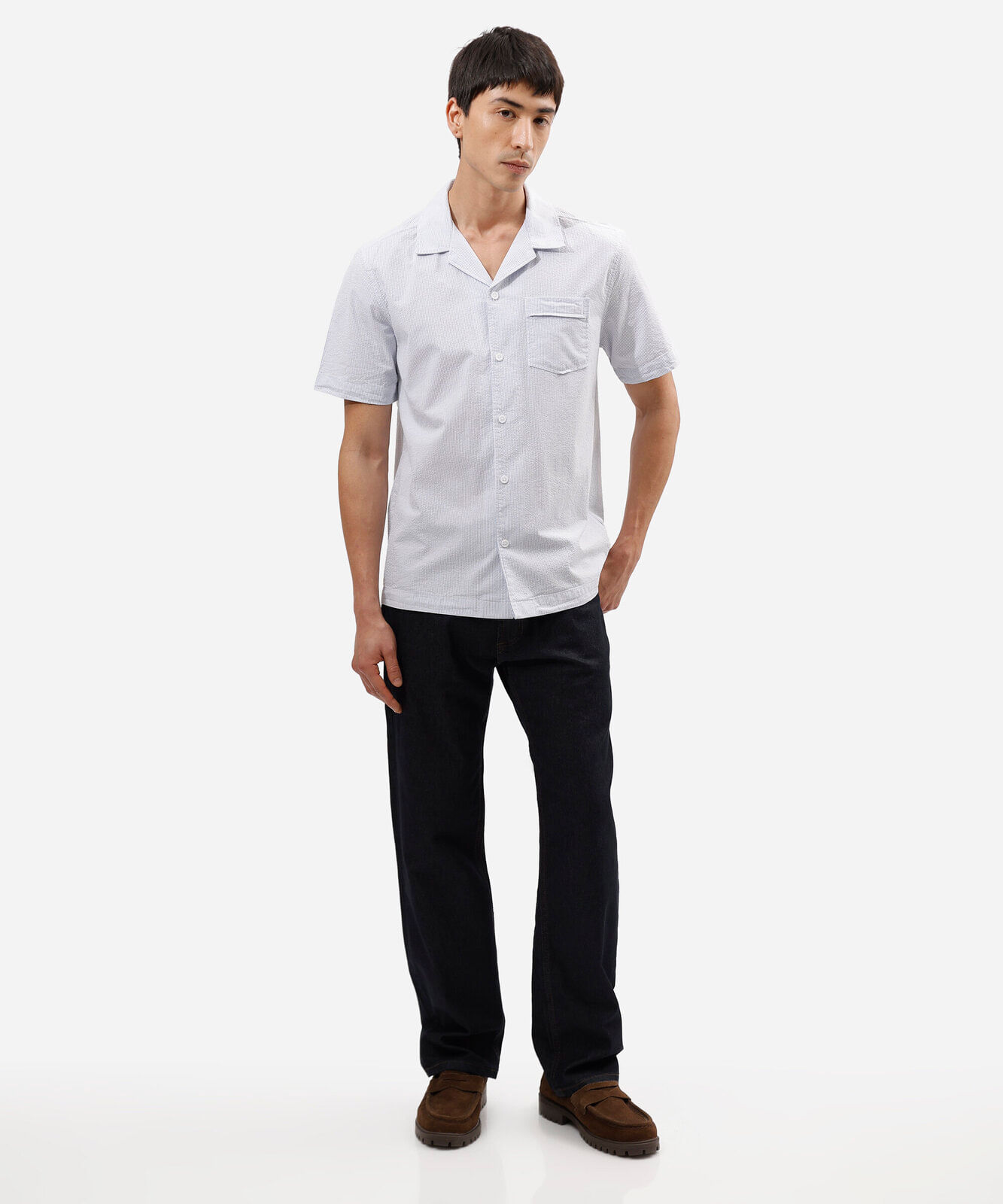 camisa comfort masculina de algodão manga curta listrada azul