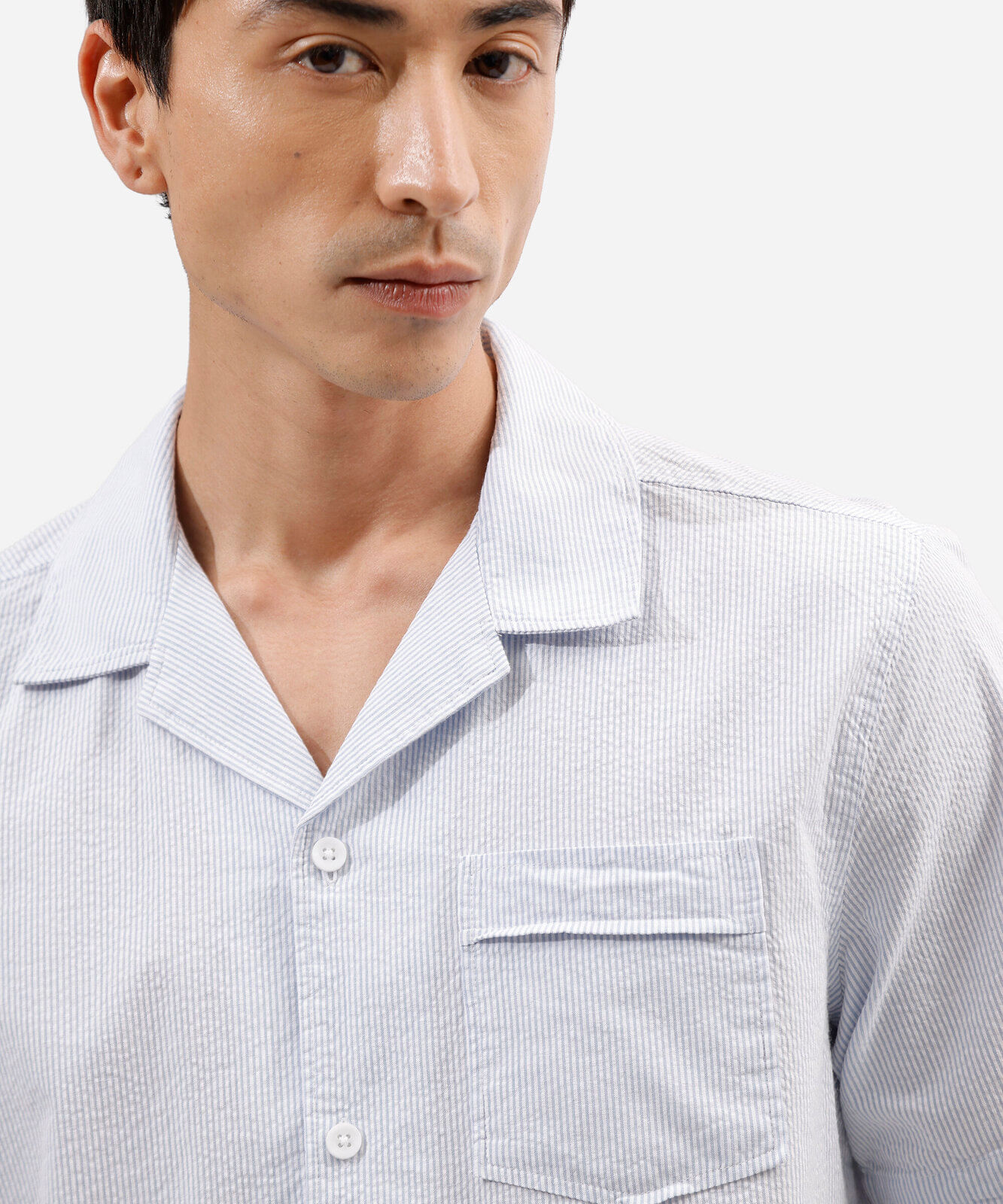 camisa comfort masculina de algodão manga curta listrada azul