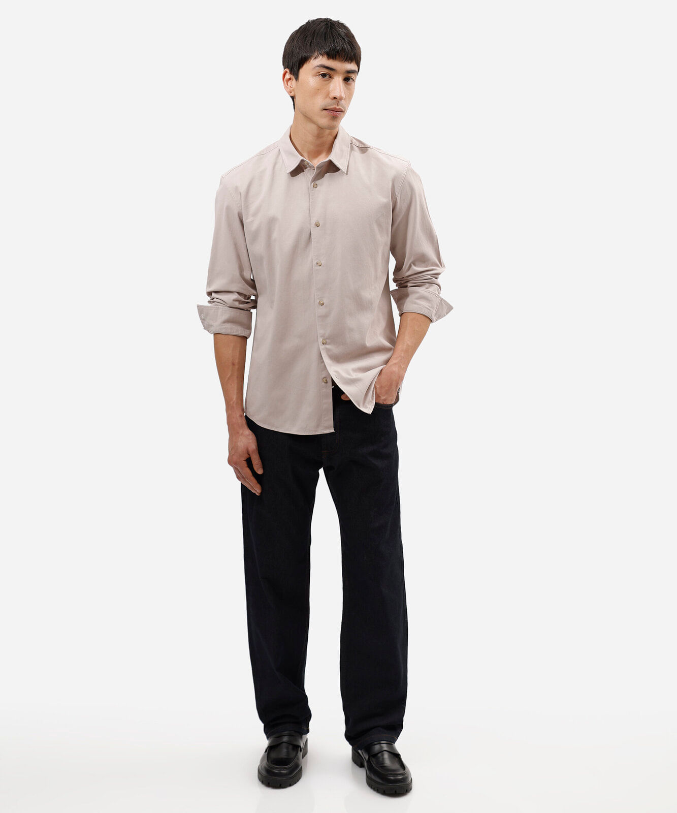 camisa masculina de sarja manga longa bege