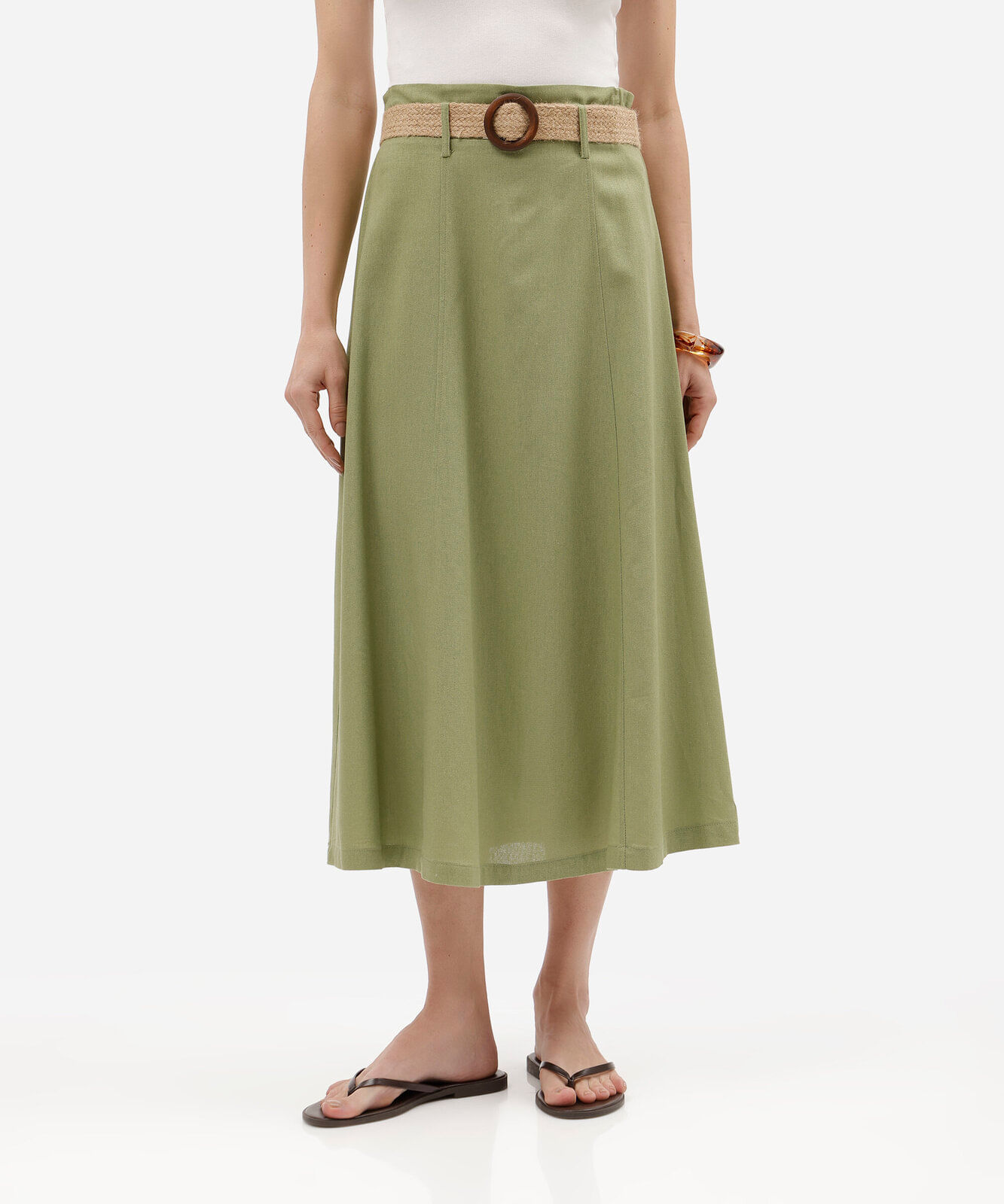 saia midi com linho cintura alta - verde