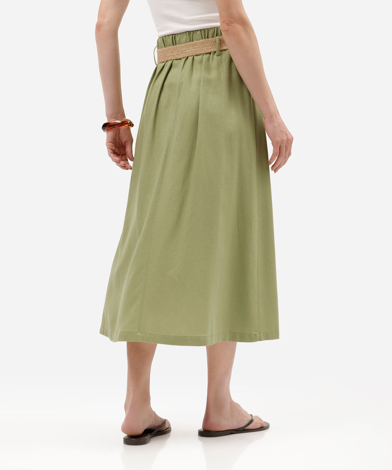 saia midi com linho cintura alta - verde