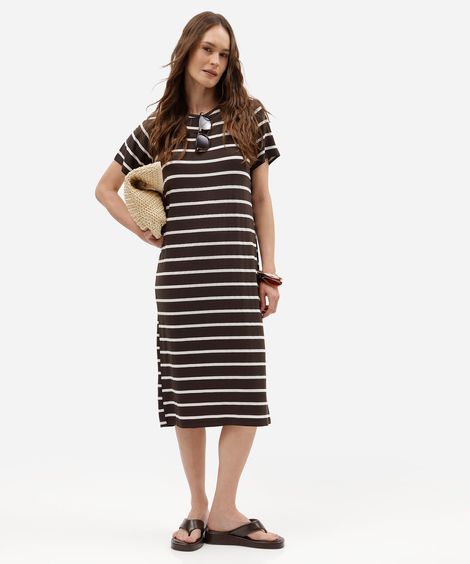 vestido midi feminino com viscose manga curta listrado marrom