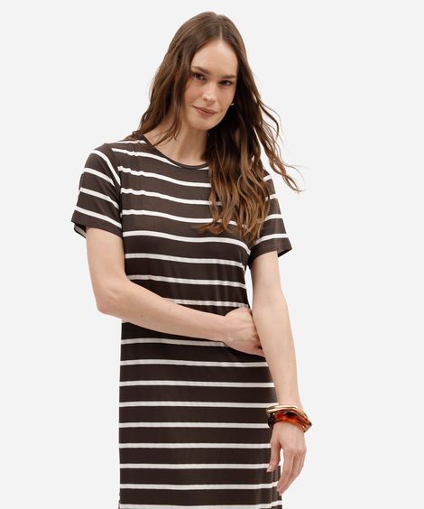 vestido midi feminino com viscose manga curta listrado marrom